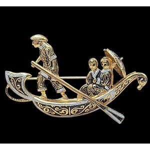 Damascene Gondola Brooch Vintage Spain Couple w/Umbrella Detailed Gold Plating